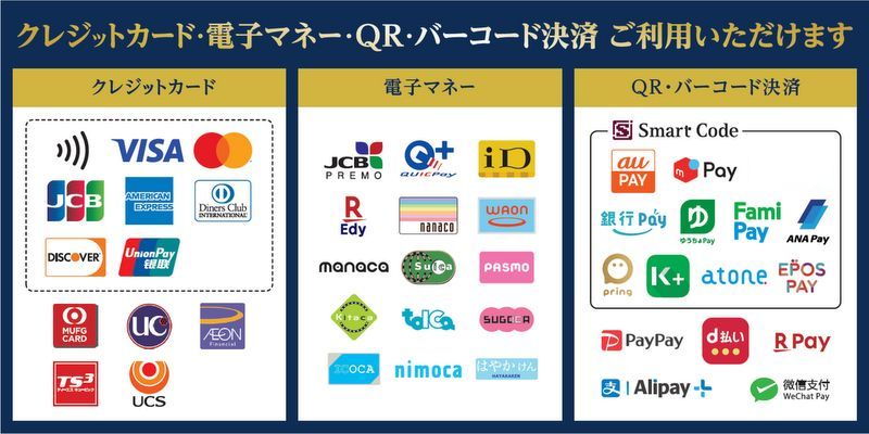 各種クレジットカード・電子マネー・QRバーコード決済ご利用いただけます。